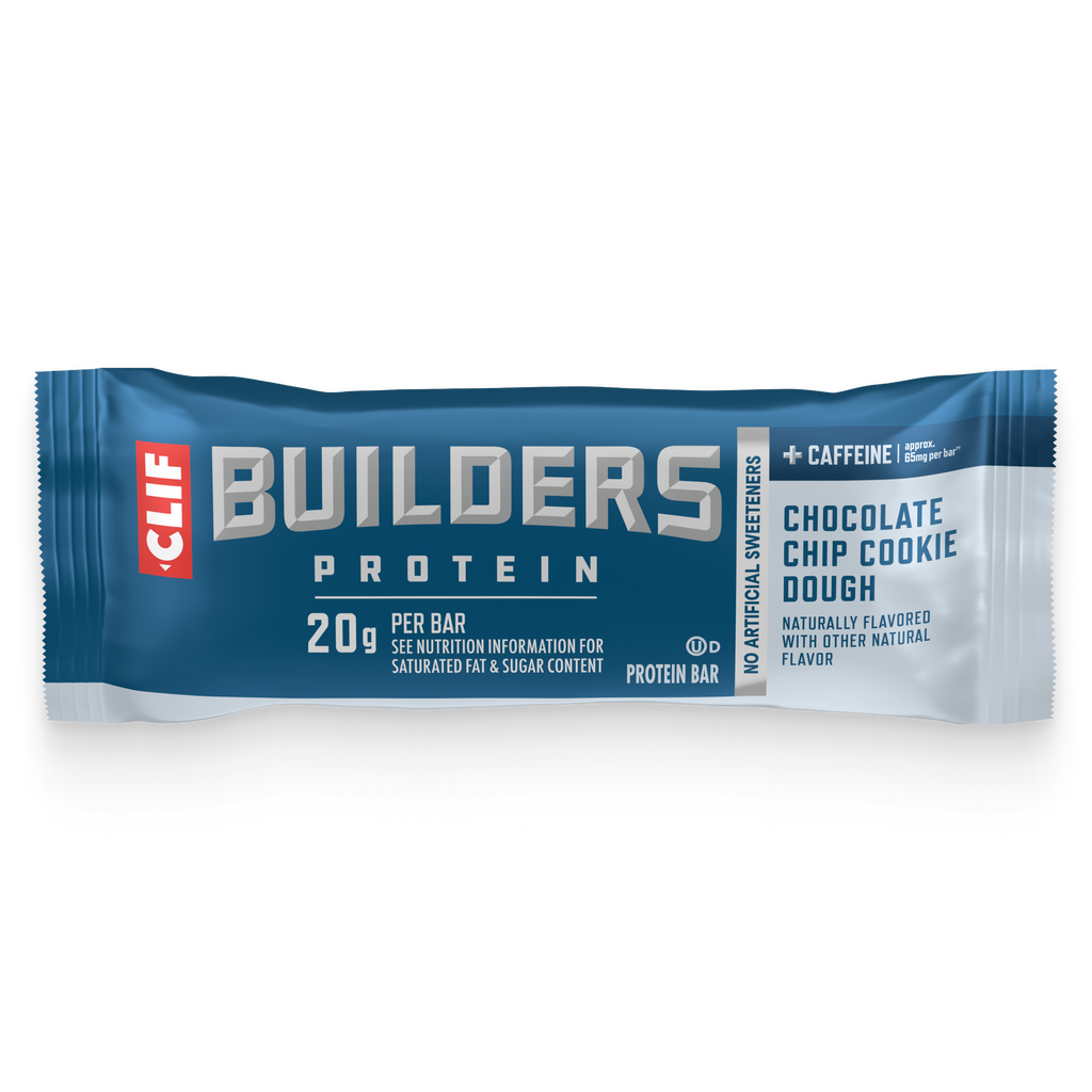 CLIF BUILDERS + Caffeine Chocolate Chip Cookie Dough Flavor Plant Based Protein Bars